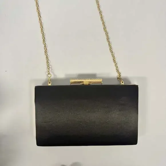 Kate Landry Black Satin Evening Box Clutch with Rhinestone Clasp - Picture 1 of 8